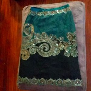 Made in India Sequined Black Teal Gold Midi Skirt